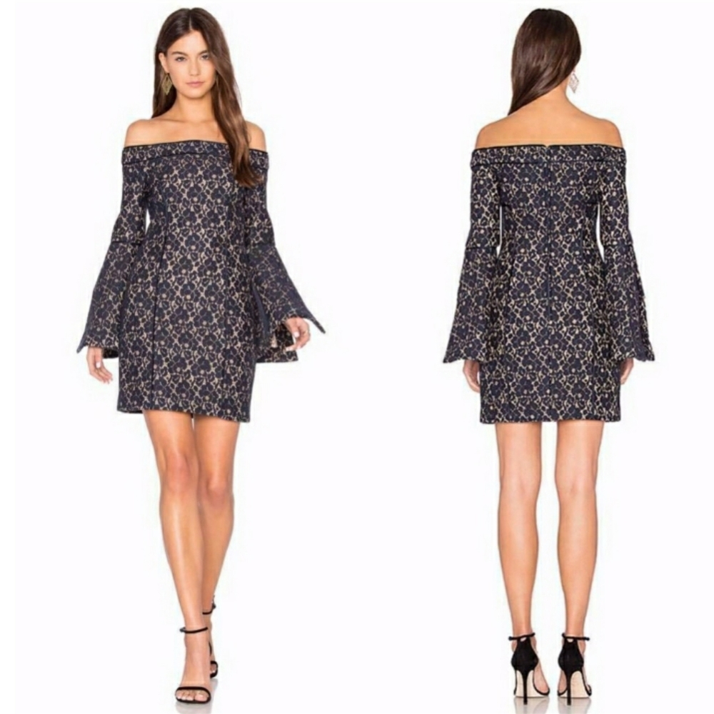 NEW KEEPSAKE Too Soon Navy Blue Lace Flare Bell Sleeve Off Shoulder Dress M